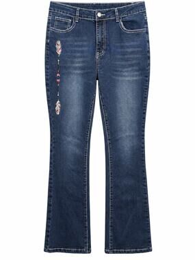 Women’s XL Embroidered Feather Arrow Jeans Stretch Bootcut Western Boho Denim